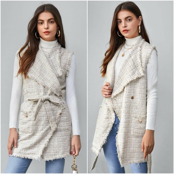 Jackets & Blazers - cream waterfall tweed vest jacket fall belt